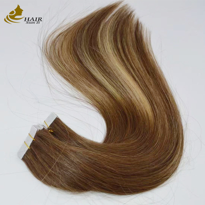 ส่วนต่อผมแบบเทปผมตรงยอดนิยม 100% Remy Human Hair ต่อผมแบบเทปที่จัดเรียงหนังกำพร้าผมบริสุทธิ์