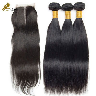 OEM 18 นิ้วธรรมชาติ สีดําตรง Raw Virgin Human Hair Bundles กับปิด