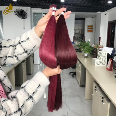 ส่วนขยายผมมนุษย์แบบ I Tip จัดเรียงหนังกำพร้าขายส่ง สี Burg และ 99J ส่วนขยายผมตรง